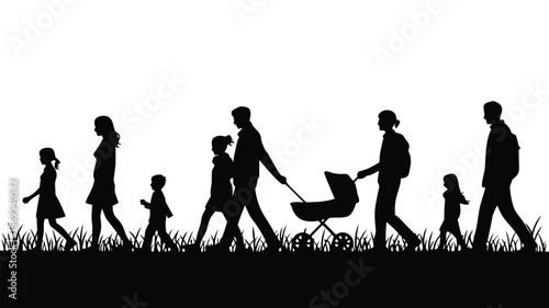 Silhouette of a Family Walking Across a Field with a Stroller and Grass