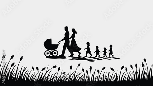 Silhouette of Family Walking with Stroller and Three Children in Grassy Field Illustration
