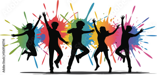 Silhouette of People Dancing with Colorful Splashes Background Celebrating Success and Achievement