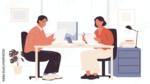 Two people sitting at a desk reviewing documents in a bright office space with a computer and lamp present
