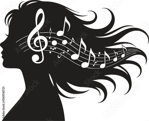 Silhouette of Woman's Head with Flowing Hair Filled with Musical Notes and Treble Clef