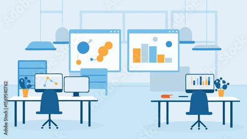 Illustration of an office space with desks computers and data visualizations on the screens shown here