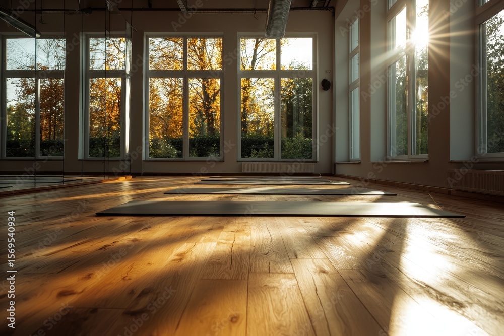 Fototapeta premium Modern fitness studio with large mirrors and natural light urban location interior photography bright environment ground level view wellness concept