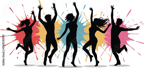 Silhouetted People Dancing with Colorful Splatter Background, Party Illustration, Celebration Graphics