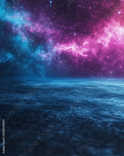 Vibrant Nebula over Alien Planet Surface nebula space galaxy cosmos universe stars night sky abstract background texture ground alien planet landscape horizon blue purple pink violet cyan magenta dark
