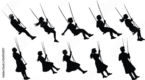 Silhouettes of People on Swings, Swinging in Different Directions, in a Minimalist Black and White