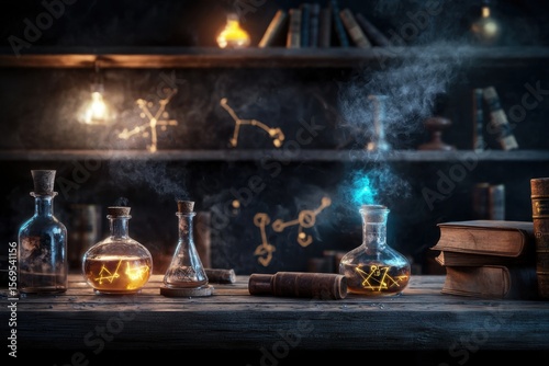 Mysterious alchemist's laboratory enigmatic shelf setup digital art atmospheric environment close-up view secrets of ancient chemistry