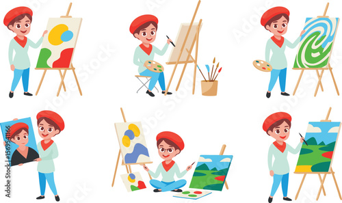 Six Illustrations of a Cartoon Artist with Different Art Styles on Easels and Portrait