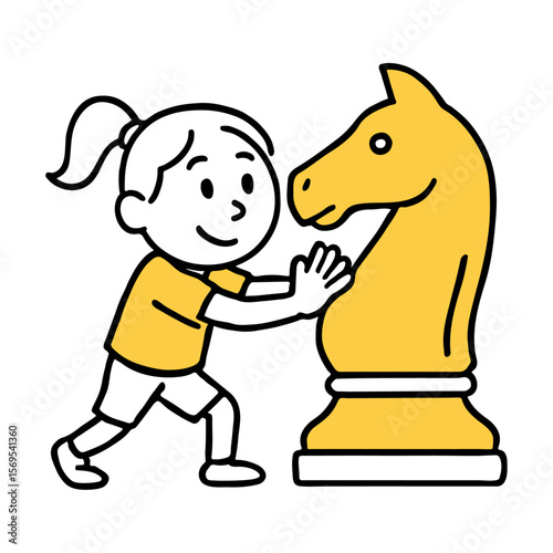 Girl Pushing Giant Chess Knight. Strategy, Education, Games Concept Design. Hand-Drawn Line Art Vector Illustration