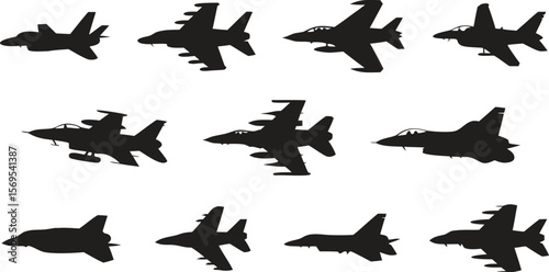 Variety of Jet Fighter Silhouettes on White Background Displaying Different Aircraft Designs and Shapes