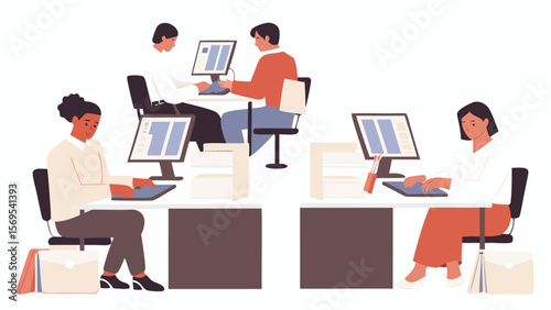 Illustration of people working at desks with computers in an office environment setting indoors