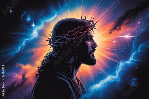 Jesus christ Crowned with Thorns, Illuminated by Distant Galaxies and Shimmering Nebula. Love,care and kindness.