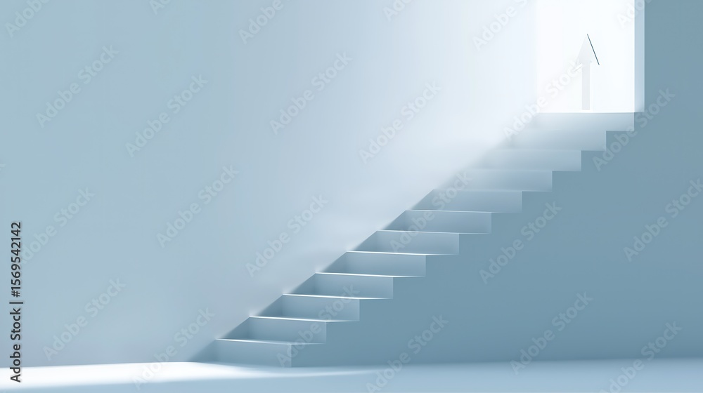 Fototapeta premium Minimalist White Background Staircase Arrow Ascending Concept - Abstract Progress Growth Development Target Business Presentation 