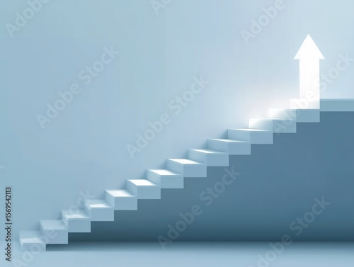 Minimalist White Background Staircase Arrow Ascending Concept - Abstract Progress Growth Development Target Business Presentation
