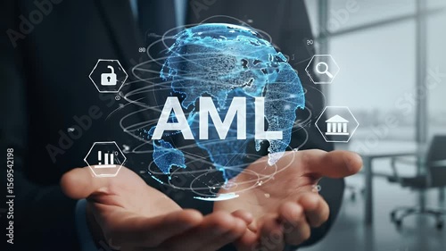 Wallpaper Mural Man In Suit Presents Blue Digital Globe With AML Text Surrounded By Financial And Security Icons For Anti Money Laundering Concept Torontodigital.ca