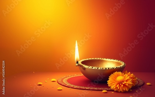 Traditional Indian brass lamp with marigold flowers on orange and red background with copy space. Diwali greeting card. Hindu festivals and religious ceremonies. High quality