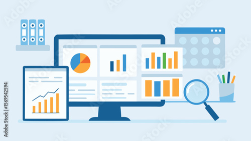 Illustration of a desktop computer displaying various charts and graphs with office supplies nearby