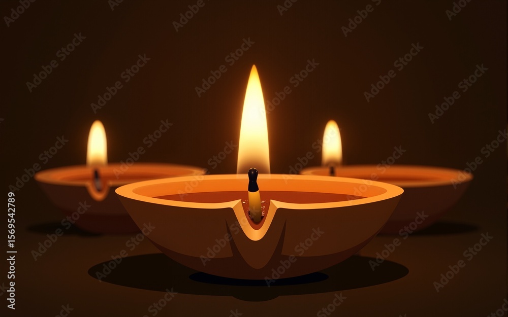 Three lit diyas, or candles, arranged in a triangular formation, commonly used for religious ceremonies and festivals such as Diwali. High quality Three lit diyas, or candles, arranged in a triangular formation, commonly used for religious ceremonies and festivals such as Diwali. High quality