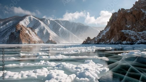 wide shot of Lake Baikal surrounded by snow-capped mountains and crystal-clear frozen ice, breathtaking natural beauty