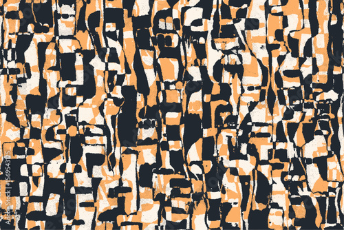 Abstract vector pattern with distorted, organic shapes. A dense, chaotic texture in black and orange for retro designs.