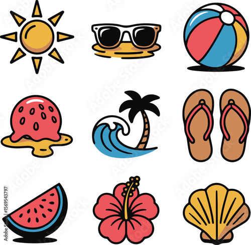 Cute Cartoon Summer Icons | Sun, Sandals, Watermelon & More

