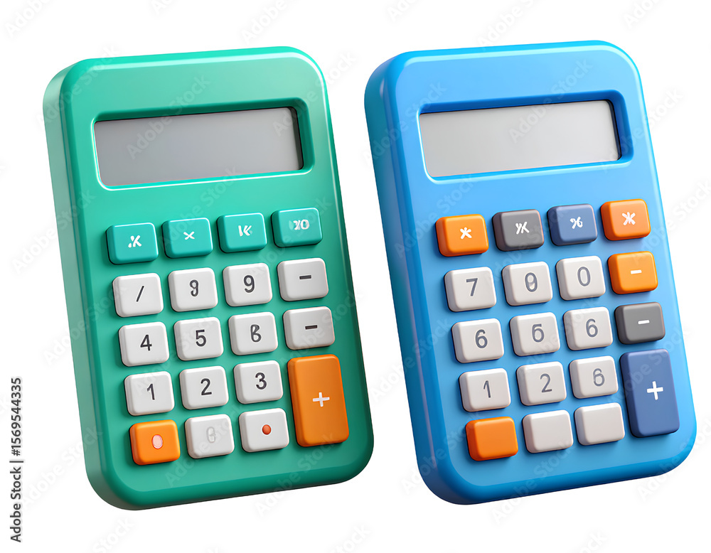 Set of Two Modern 3D Calculator Icons in Cartoon Plastic Finish, Financial Tools on Transparent Background Set of Two Modern 3D Calculator Icons in Cartoon Plastic Finish, Financial Tools on Transparent Background
