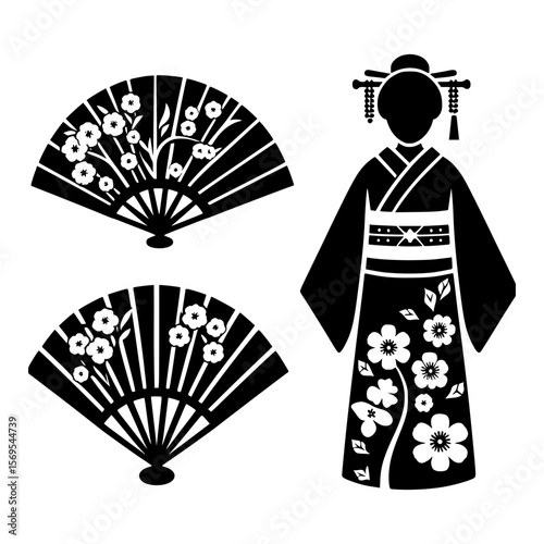 A geisha with fans isolated on white background