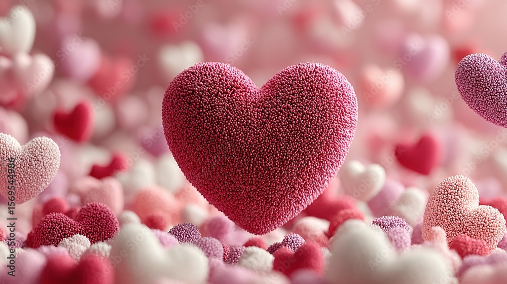 Obraz premium Floating Granular Heart Emojis in Blush Pastel Mist | World Emoji Day Digital Romance Symbols