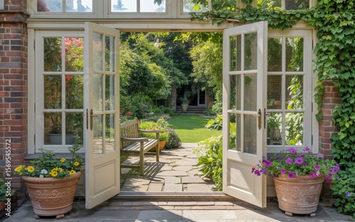 Open French Doors Revealing a Lush Garden Oasis with Stone Patio and Flowers
