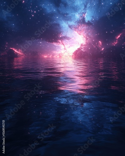 Surreal Night Seascape with Cosmic Nebula Reflection nebula night reflection cosmic surreal seascape space stars water ocean lake universe galaxy astronomy mystical fantasy dream blue pink purple dark