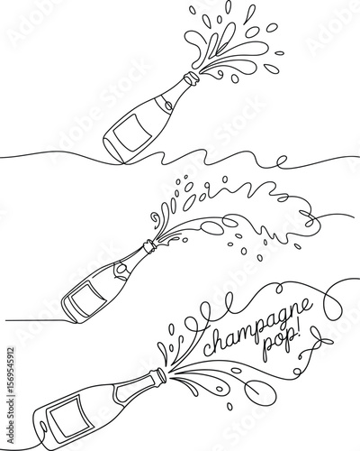 Champagne Bottle Pop Line Art, Celebration Drink Splash Drawing.


