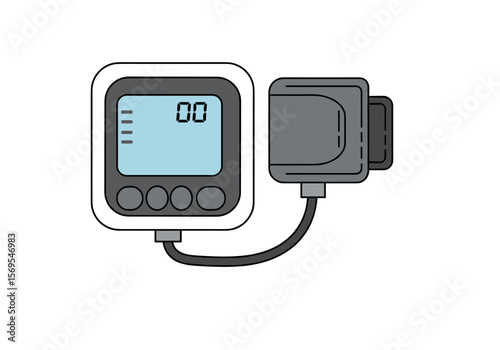 Digital blood pressure monitor with display and cuff attachment isolated on transparent background   
