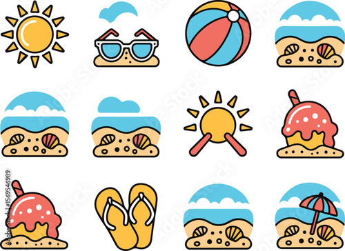 Colorful Summer Doodle Icons | Travel, Sun, Flip Flops, Tropical Vibes

