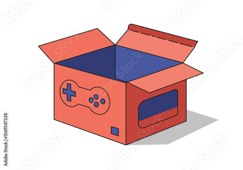 Open game box with controller design in red and blue colors, isolated on transparent background    