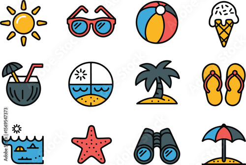Colorful Summer Doodle Icons | Travel, Sun, Flip Flops, Tropical Vibes

