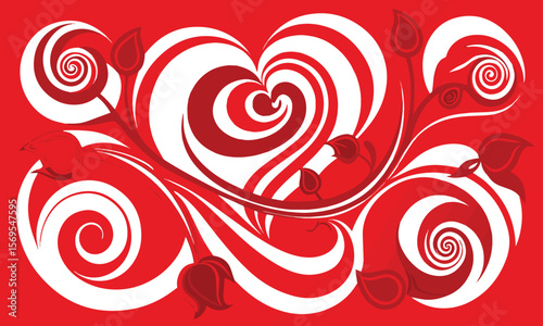 Heart Swirl Pattern: A swirling love heart with an interwoven botanical pattern of red and white on a passionate red, evoking emotions of affection and love in artistic elegance.