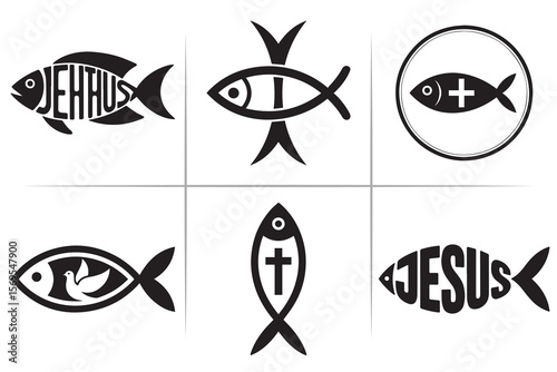 Ichthys Fish Christian Symbol Clipart – Faith Icons with Cross, Jesus Text, Bible Elements, Minimal & Vintage Styles – Ideal for T-Shirts, Logos, Stickers – Editable Vector Graphics Set