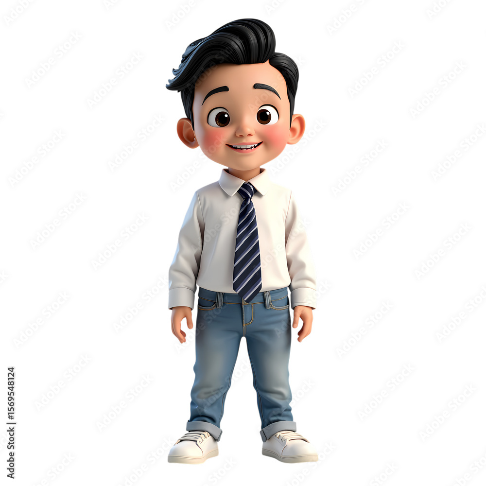 3d Cartoon boy in white shirt tie and jeans standing isolated on transparent background 3d Cartoon boy in white shirt tie and jeans standing isolated on transparent background