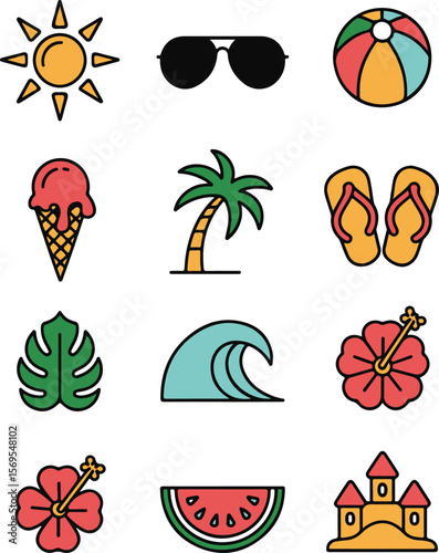 Summer Vacation Icon Set | Beach, Ice Cream, Sunglasses, Palm Trees

