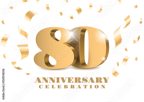 Anniversary 80. gold 3d numbers. Poster template for Celebrating 80th anniversary event party. Vector illustration