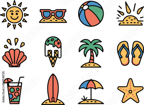 Summer Vacation Icon Set | Beach, Ice Cream, Sunglasses, Palm Trees

