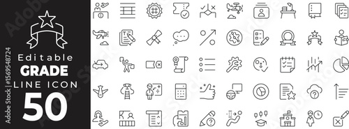 Editable stroke icon collection representing grading, evaluation, and academic performance. Includes icons like report card, A+ grade, checklist, score sheet, star rating, badge, ranking, exam paper