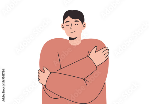 Man hugging himself with a gentle smile in a minimalist style, isolated on transparent background    