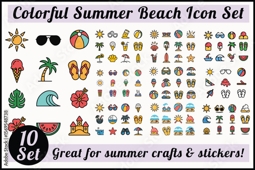 Colorful Summer Beach Icon Set