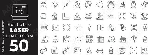 Editable stroke icons representing laser technology and applications. Includes laser beam, cutting machine, laser gun, laser pointer, safety goggles, warning sign, medical laser, barcode scanner