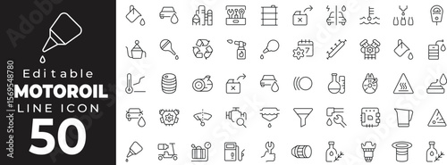 Collection of editable stroke icons related to motor oil and lubrication. Includes oil can, oil drop, engine lubrication, oil change, oil filter, fuel gauge, drum container, spill warning.