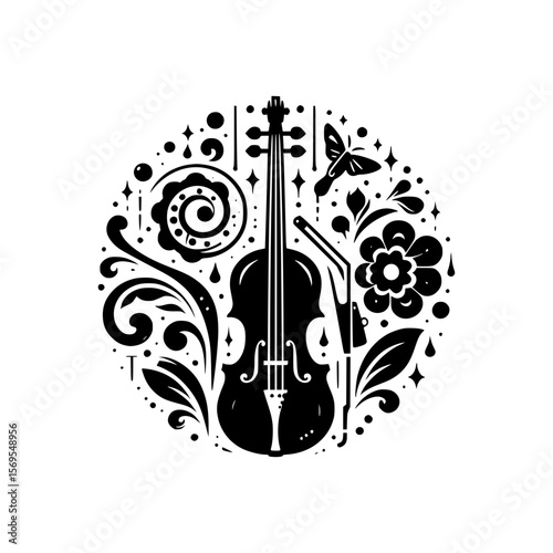 Elegant black and white violin design with floral and butterfly motifs
