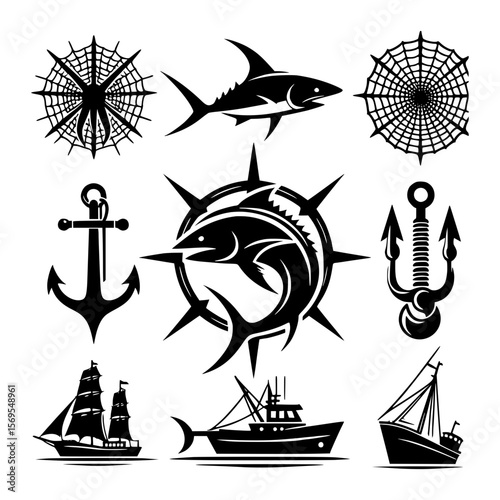 Nautical and marine themed silhouettes featuring fish anchors and ships