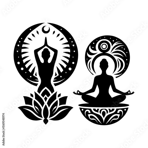 Silhouettes of meditating figures with spiritual symbols and lotus flowers
