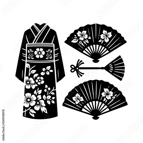 Traditional japanese kimono and decorative fans with floral motifs